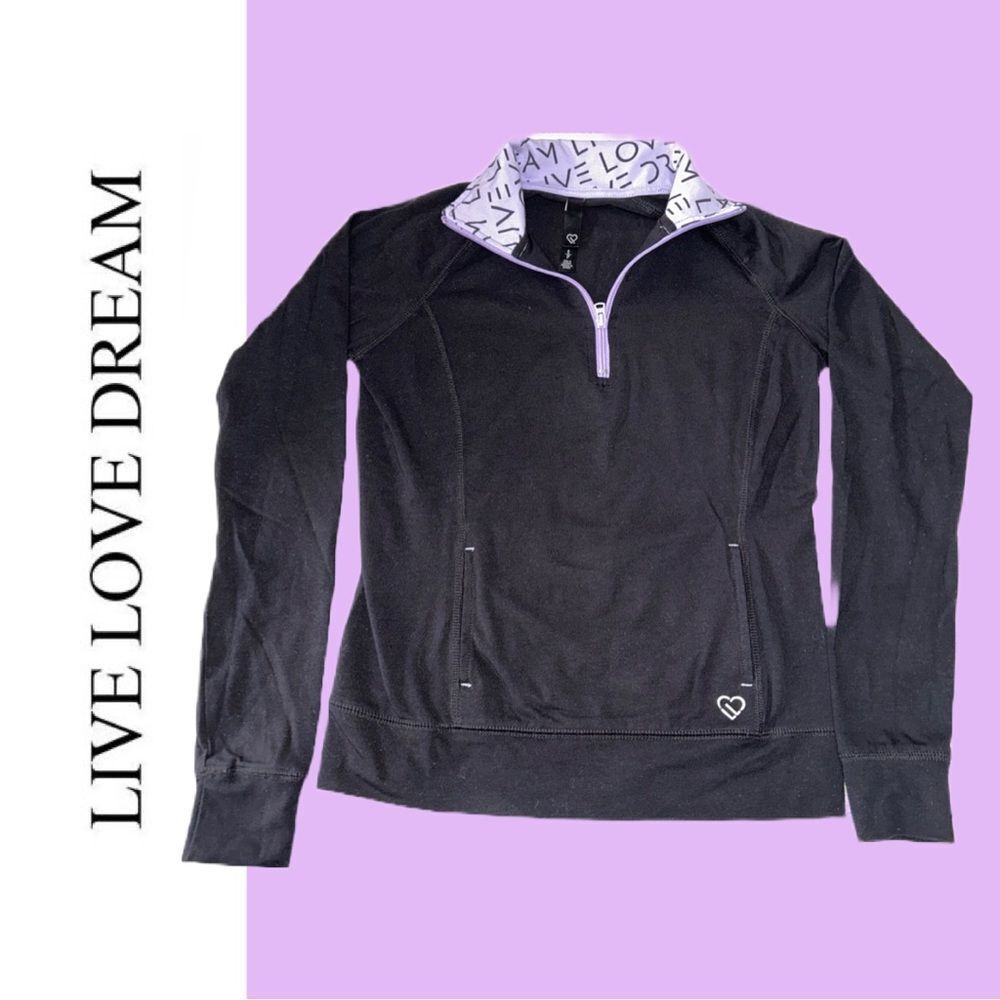 LIVE LOVE DREAM Women’s Kangaroo Pocket 1/4 Zip Black Thin Shirt - Size‎ S